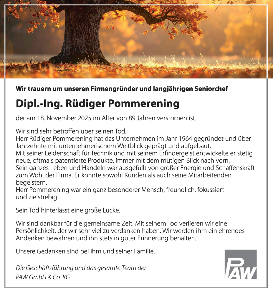  Traueranzeige für Rüdiger Pommerening vom 29.11.2025 aus Deister- und Weserzeitung