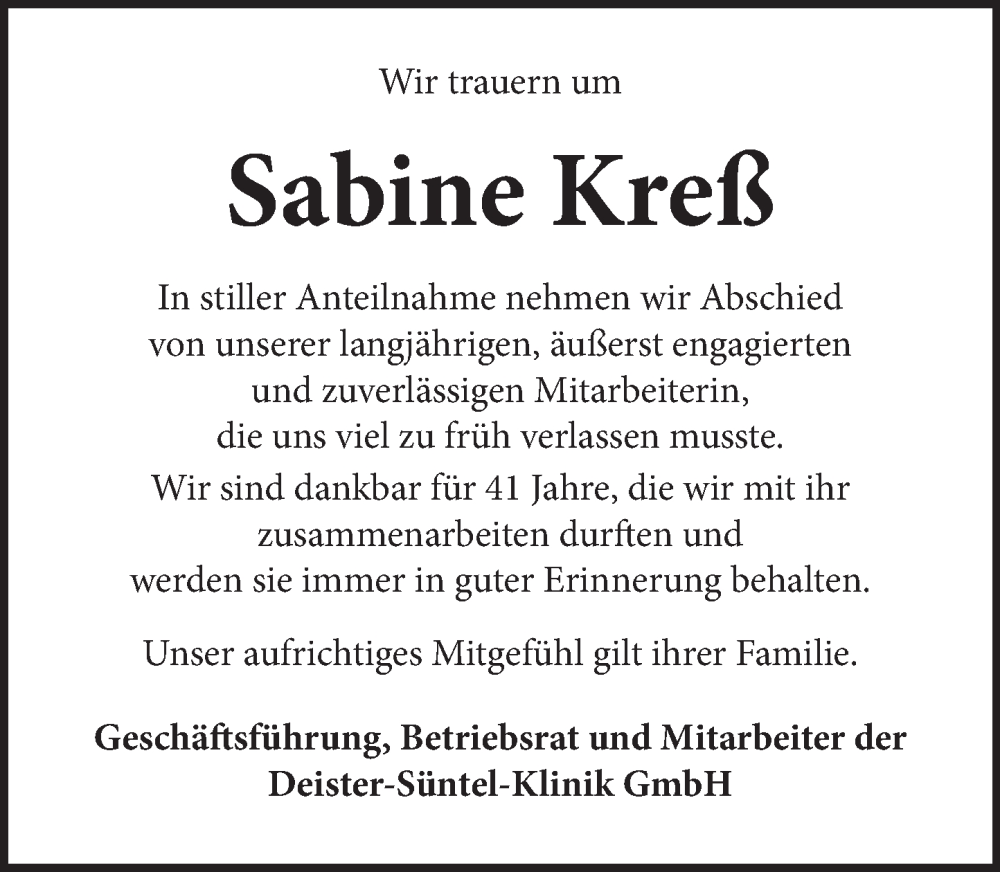  Traueranzeige für Sabine Kreß vom 29.11.2025 aus Neue Deister-Zeitung
