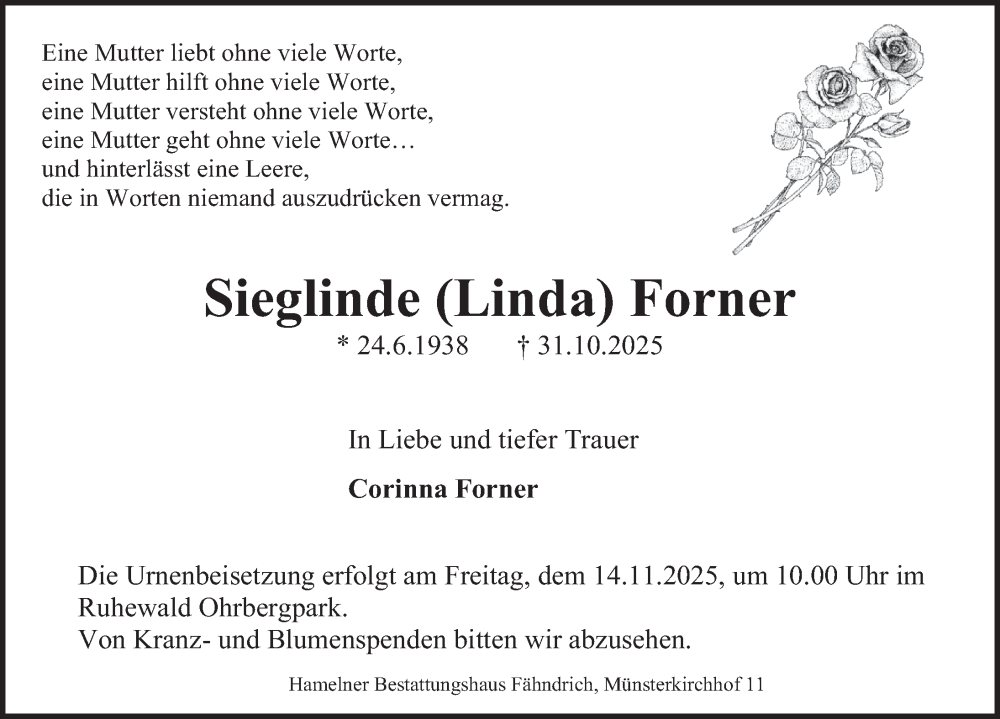  Traueranzeige für Sieglinde Forner vom 08.11.2025 aus Deister- und Weserzeitung