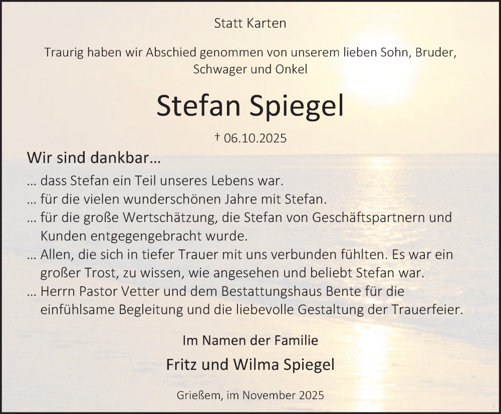  Traueranzeige für Stefan Spiegel vom 08.11.2025 aus Deister- und Weserzeitung