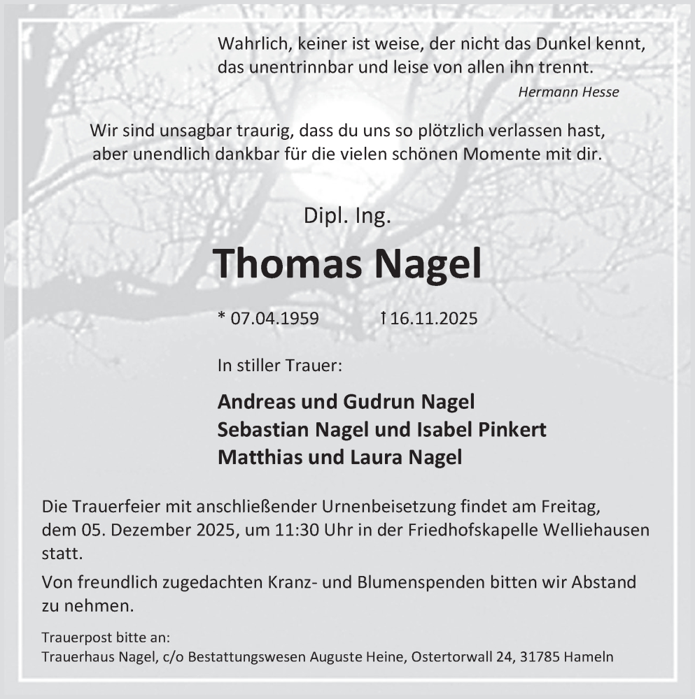  Traueranzeige für Thomas Nagel vom 29.11.2025 aus Deister- und Weserzeitung