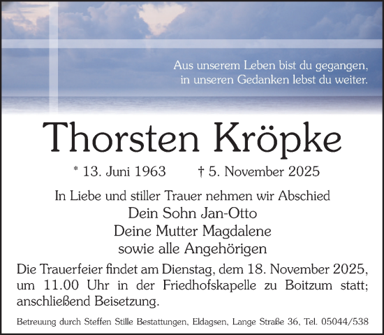 Traueranzeige von Thorsten Kröpke von Neue Deister-Zeitung