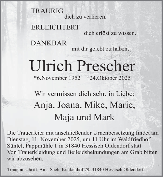 Traueranzeige von Ulrich Prescher von Deister- und Weserzeitung