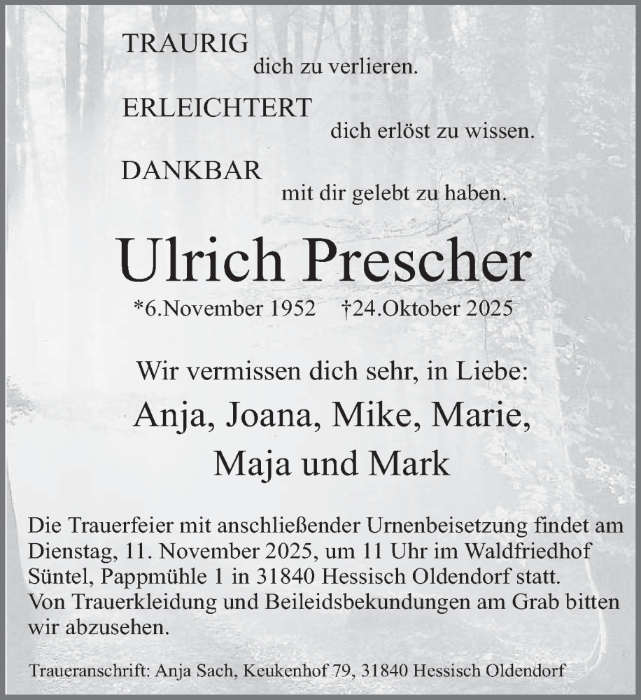  Traueranzeige für Ulrich Prescher vom 08.11.2025 aus Deister- und Weserzeitung