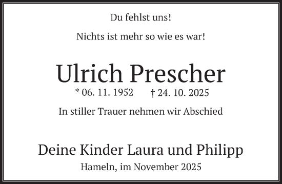 Traueranzeige von Ulrich Prescher von Deister- und Weserzeitung