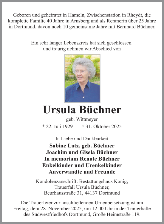 Traueranzeige von Ursula Büchner von Deister- und Weserzeitung