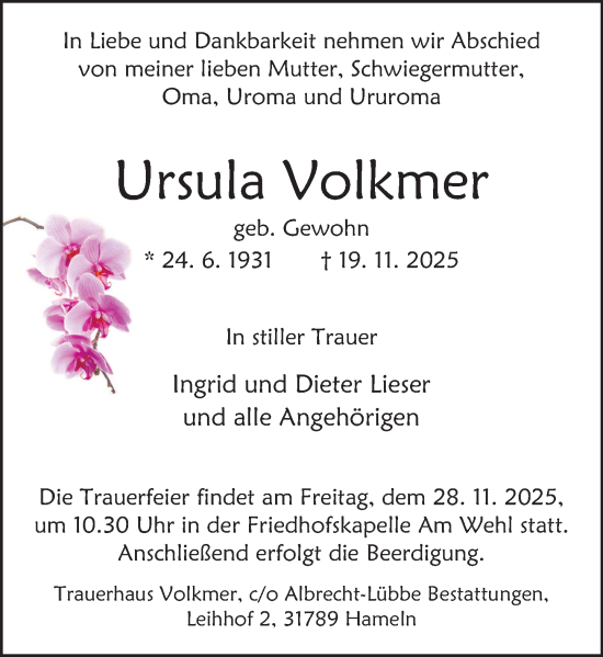 Traueranzeige von Ursula Volkmer von Deister- und Weserzeitung