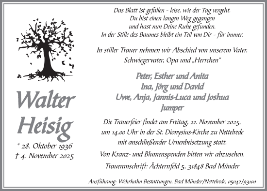 Traueranzeige von Walter Heisig von Neue Deister-Zeitung