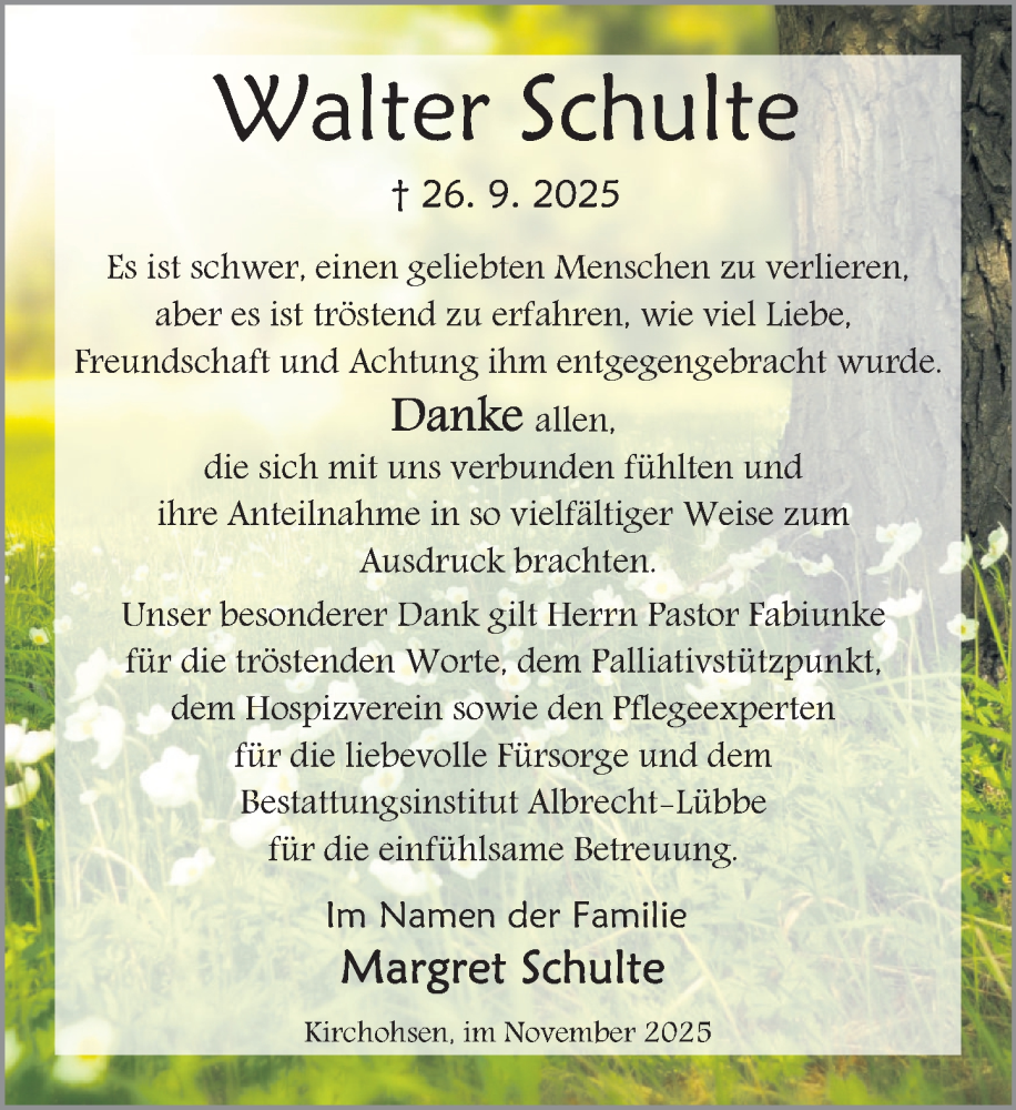  Traueranzeige für Walter Schulte vom 08.11.2025 aus Deister- und Weserzeitung