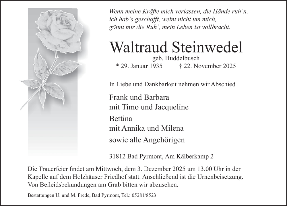  Traueranzeige für Waltraud Steinwedel vom 29.11.2025 aus Deister- und Weserzeitung