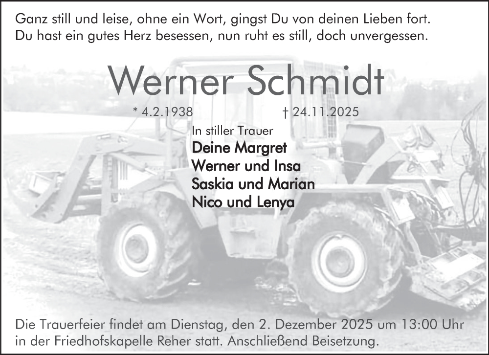  Traueranzeige für Werner Schmidt vom 28.11.2025 aus Deister- und Weserzeitung