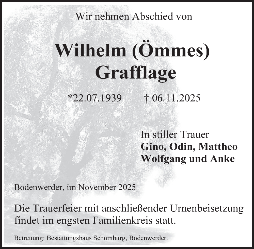  Traueranzeige für Wilhelm Grafflage vom 14.11.2025 aus Deister- und Weserzeitung