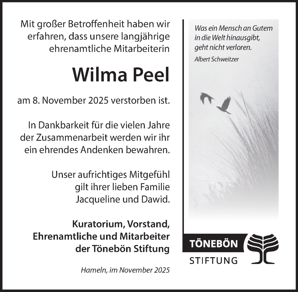  Traueranzeige für Wilma Peel vom 29.11.2025 aus Deister- und Weserzeitung