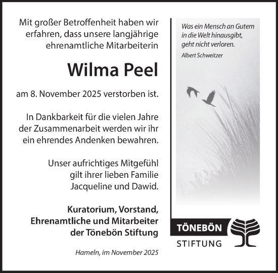 Traueranzeige von Wilma Peel von Deister- und Weserzeitung