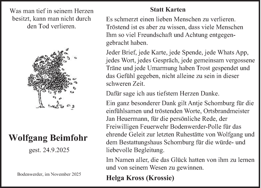  Traueranzeige für Wolfgang Beimfohr vom 08.11.2025 aus Deister- und Weserzeitung