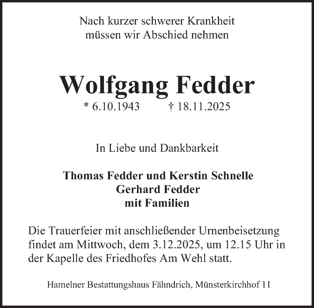  Traueranzeige für Wolfgang Fedder vom 29.11.2025 aus Deister- und Weserzeitung