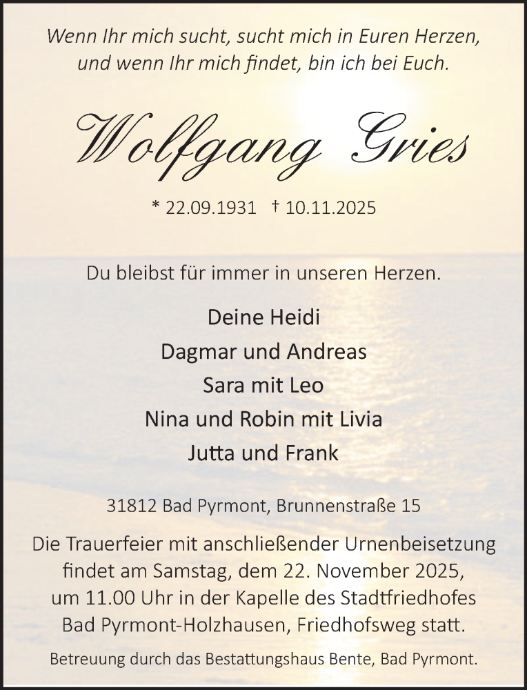  Traueranzeige für Wolfgang Gries vom 15.11.2025 aus Deister- und Weserzeitung
