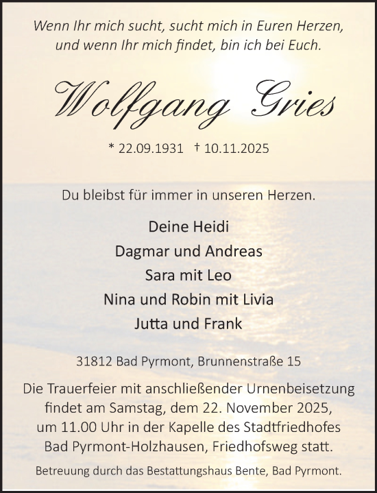 Traueranzeige von Wolfgang Gries von Deister- und Weserzeitung