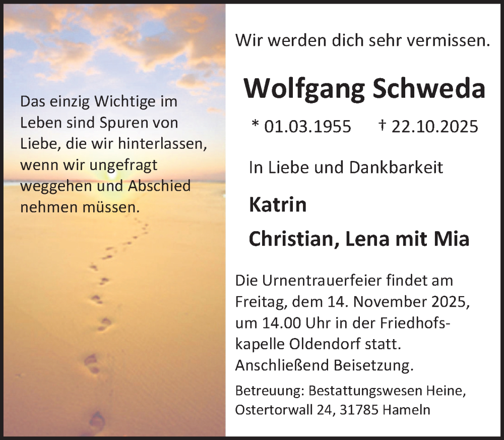  Traueranzeige für Wolfgang Schweda vom 08.11.2025 aus Deister- und Weserzeitung
