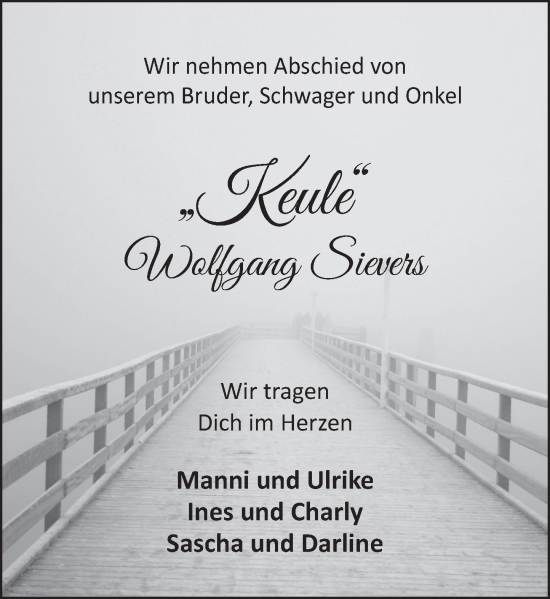 Traueranzeige von Wolfgang Sievers von Neue Deister-Zeitung