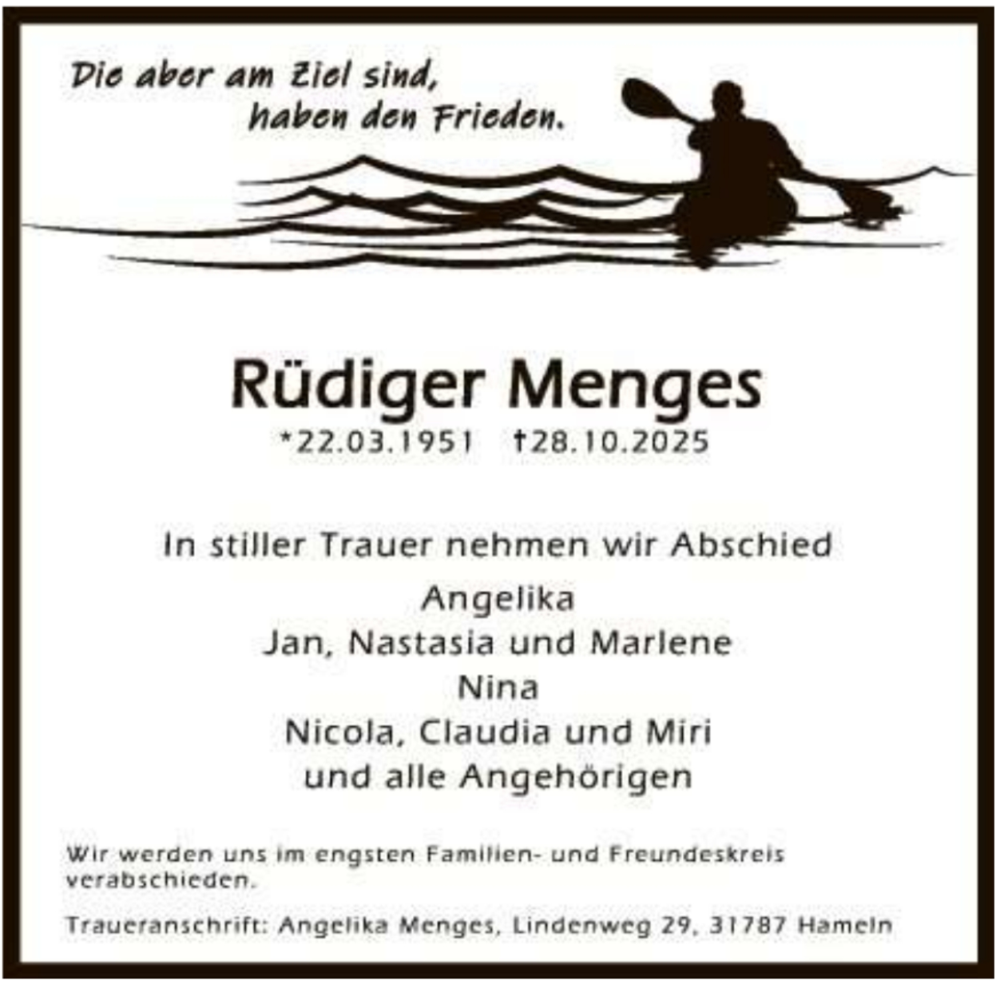  Traueranzeige für Rüdiger Menges vom 15.11.2025 aus Deister- und Weserzeitung