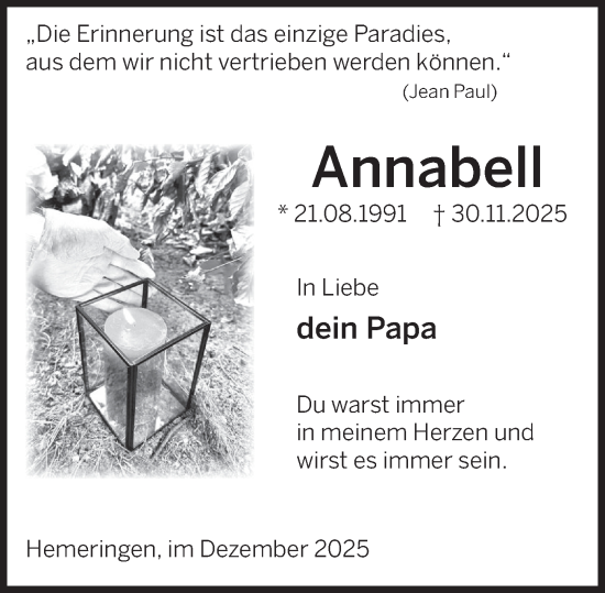 Traueranzeige von Annabell  von Deister- und Weserzeitung