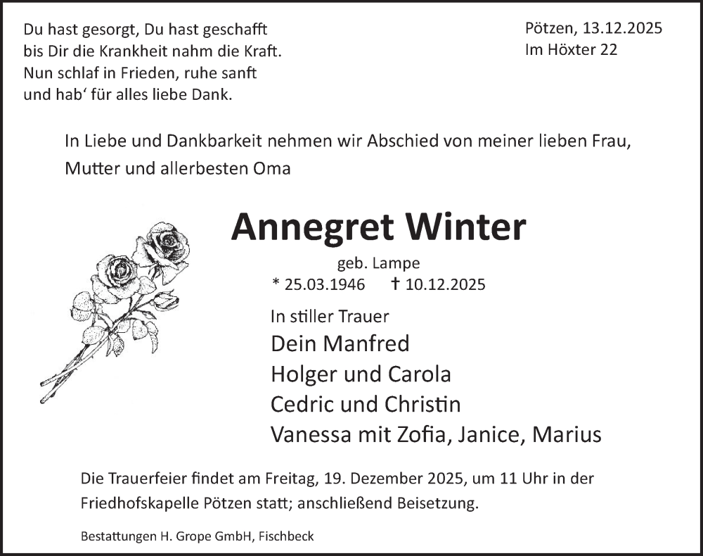  Traueranzeige für Annegret Winter vom 13.12.2025 aus Deister- und Weserzeitung