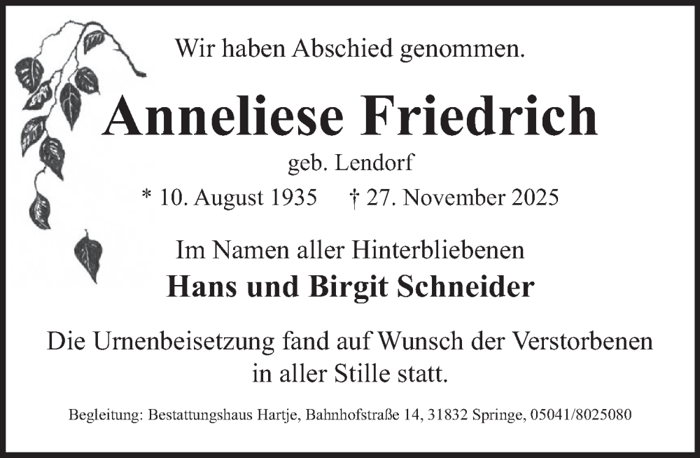  Traueranzeige für Anneliese Friedrich vom 20.12.2025 aus Neue Deister-Zeitung