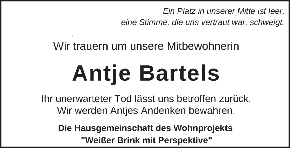  Traueranzeige für Antje Bartels vom 27.12.2025 aus Neue Deister-Zeitung