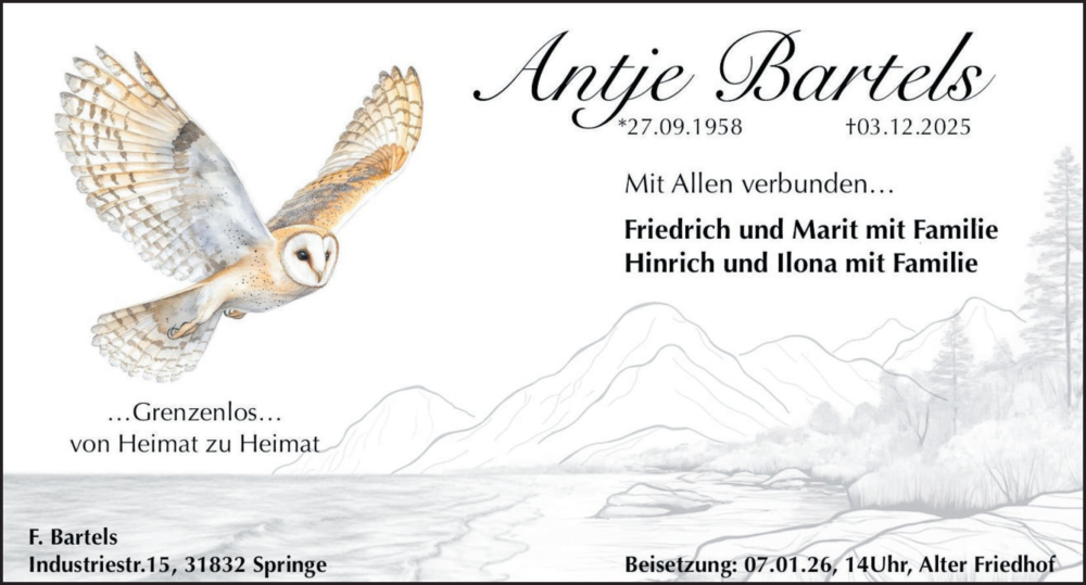  Traueranzeige für Antje Bartels vom 27.12.2025 aus Neue Deister-Zeitung