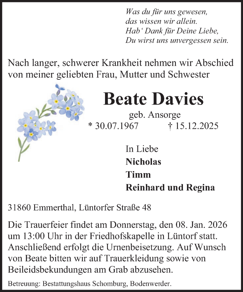  Traueranzeige für Beate Davies vom 03.01.2026 aus Deister- und Weserzeitung