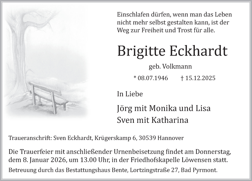  Traueranzeige für Brigitte Eckhardt vom 03.01.2026 aus Deister- und Weserzeitung