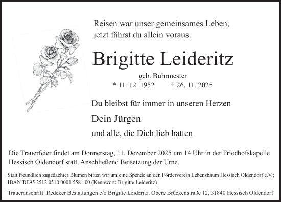 Traueranzeige von Brigitte Leideritz von Deister- und Weserzeitung