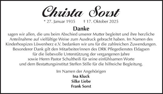 Traueranzeige von Christa Sorst von Neue Deister-Zeitung