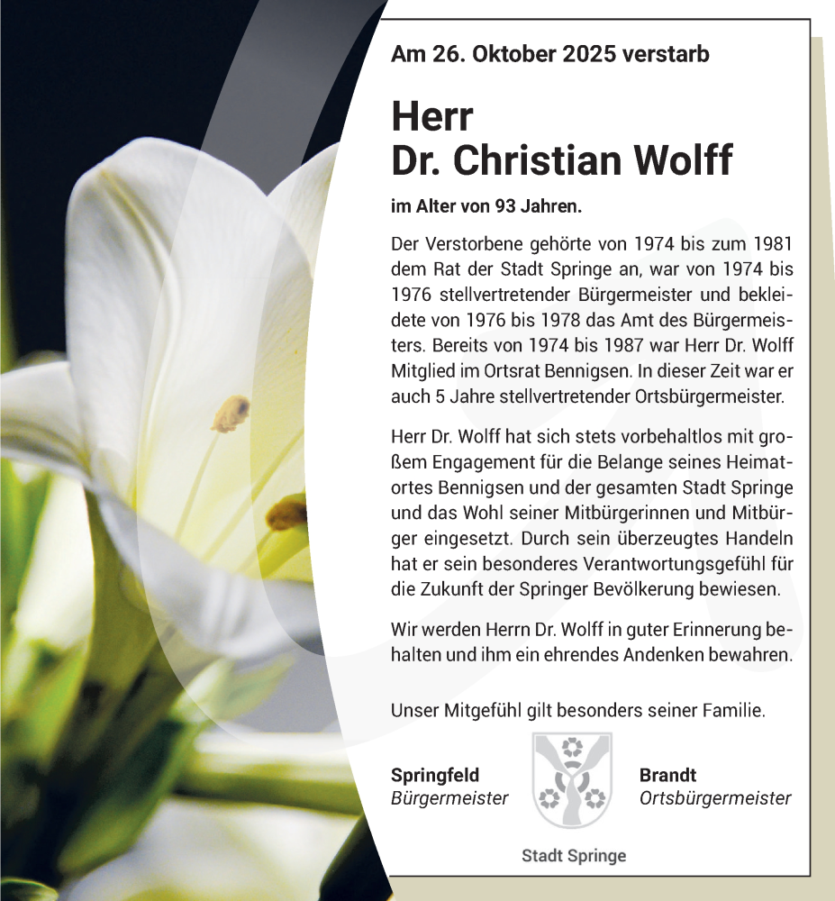  Traueranzeige für Christian Wolff vom 06.12.2025 aus Neue Deister-Zeitung
