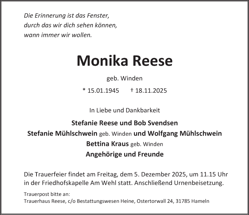  Traueranzeige für Monika Reese vom 01.12.2025 aus 