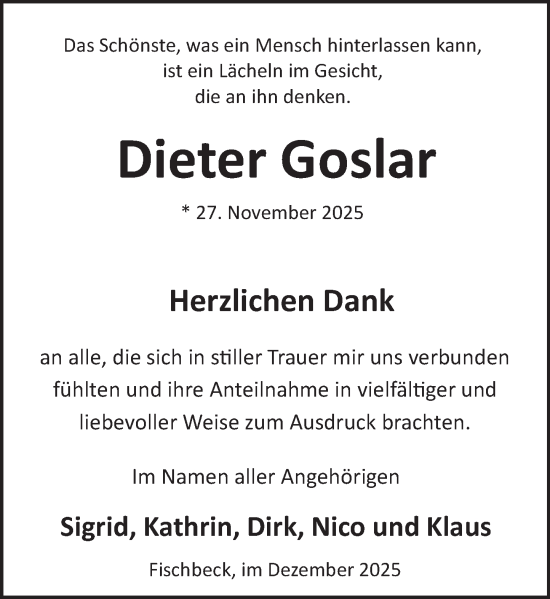 Traueranzeige von Dieter Goslar von Deister- und Weserzeitung