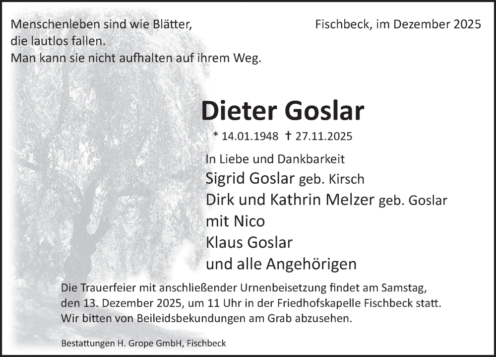  Traueranzeige für Dieter Goslar vom 06.12.2025 aus Deister- und Weserzeitung