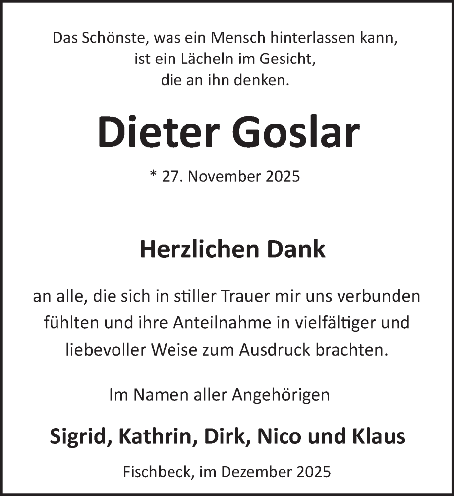  Traueranzeige für Dieter Goslar vom 27.12.2025 aus Deister- und Weserzeitung