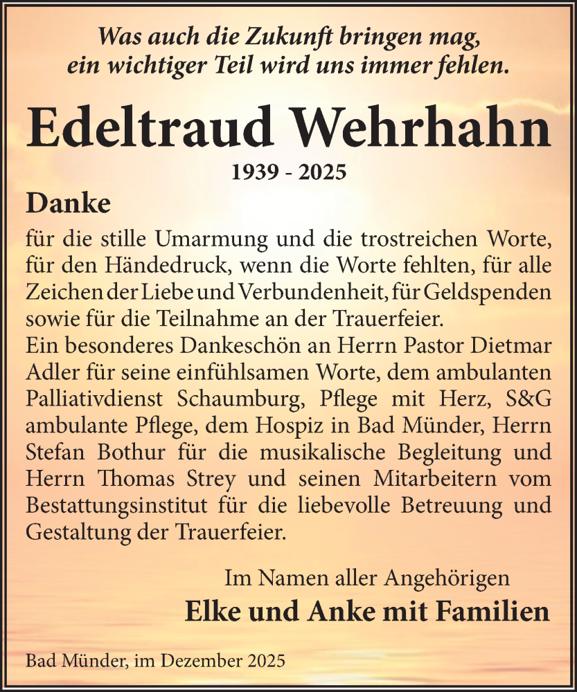  Traueranzeige für Edeltraud Wehrhahn vom 13.12.2025 aus Neue Deister-Zeitung