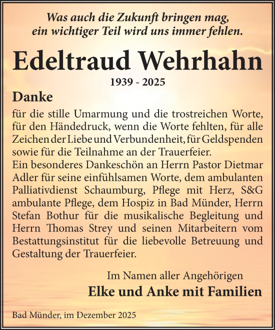 Traueranzeige von Edeltraud Wehrhahn von Neue Deister-Zeitung