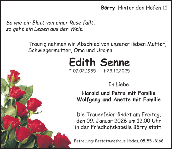 Traueranzeige von Edith Senne von Deister- und Weserzeitung