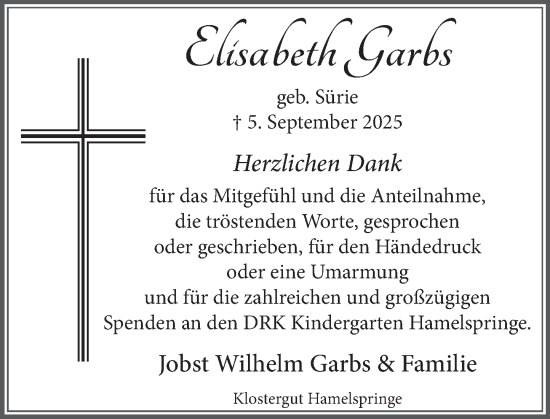 Traueranzeige von Elisabeth Garbs von Neue Deister-Zeitung