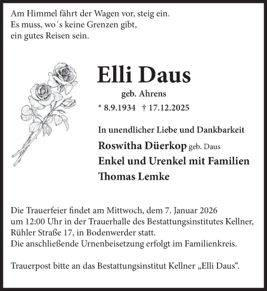 Traueranzeige von Elli Daus von Deister- und Weserzeitung