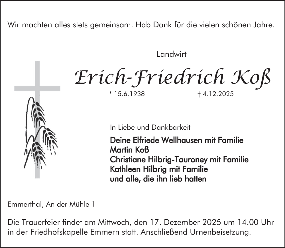  Traueranzeige für Erich-Friedrich Koß vom 13.12.2025 aus Deister- und Weserzeitung