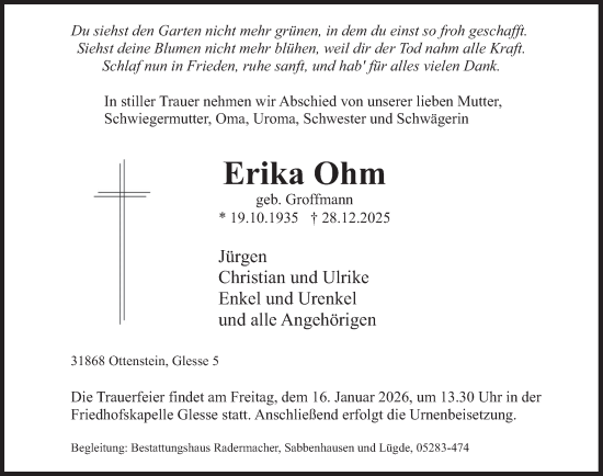 Traueranzeige von Erika Ohm von Deister- und Weserzeitung