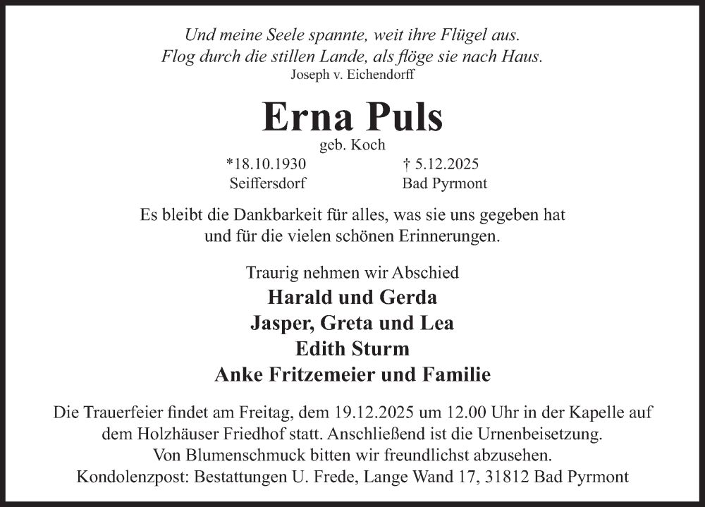  Traueranzeige für Erna Puls vom 13.12.2025 aus Deister- und Weserzeitung