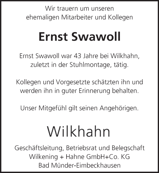 Traueranzeige von Ernst Swawoll von Neue Deister-Zeitung