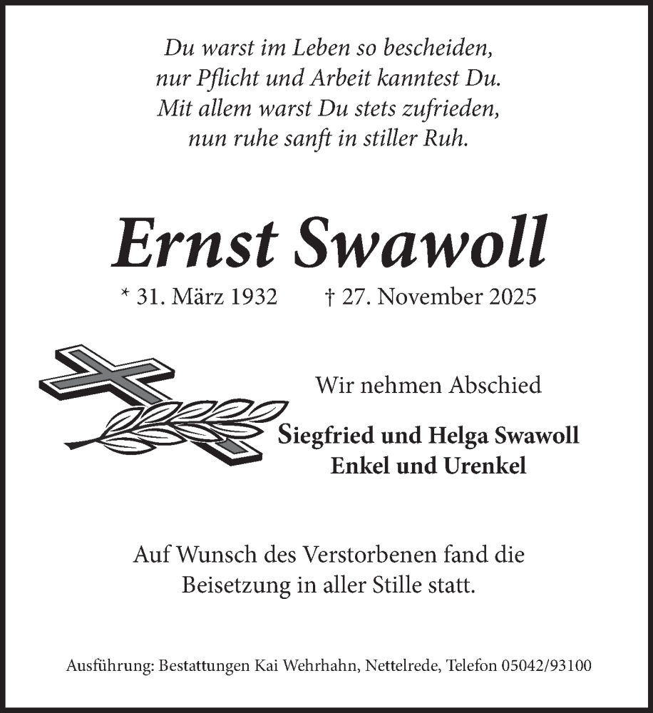  Traueranzeige für Ernst Swawoll vom 20.12.2025 aus Neue Deister-Zeitung