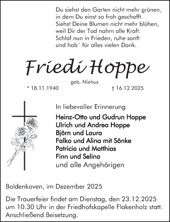 Traueranzeige von Friedi Hoppe von Deister- und Weserzeitung
